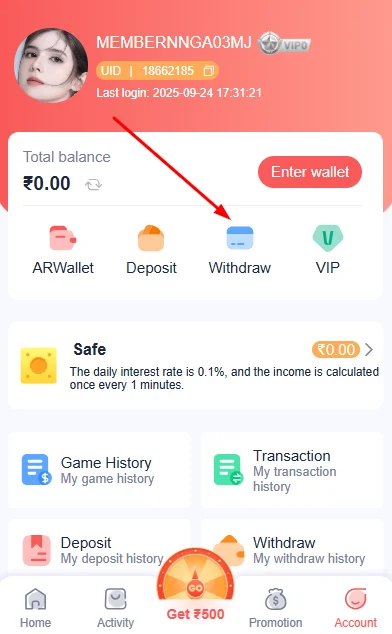 click withdraw option